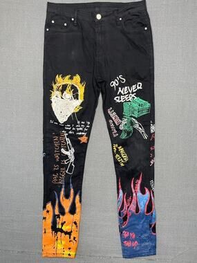 Jean's Men's 30 Black Streetwear Graffiti Hip Hop Graphic Prints Pants 30x31